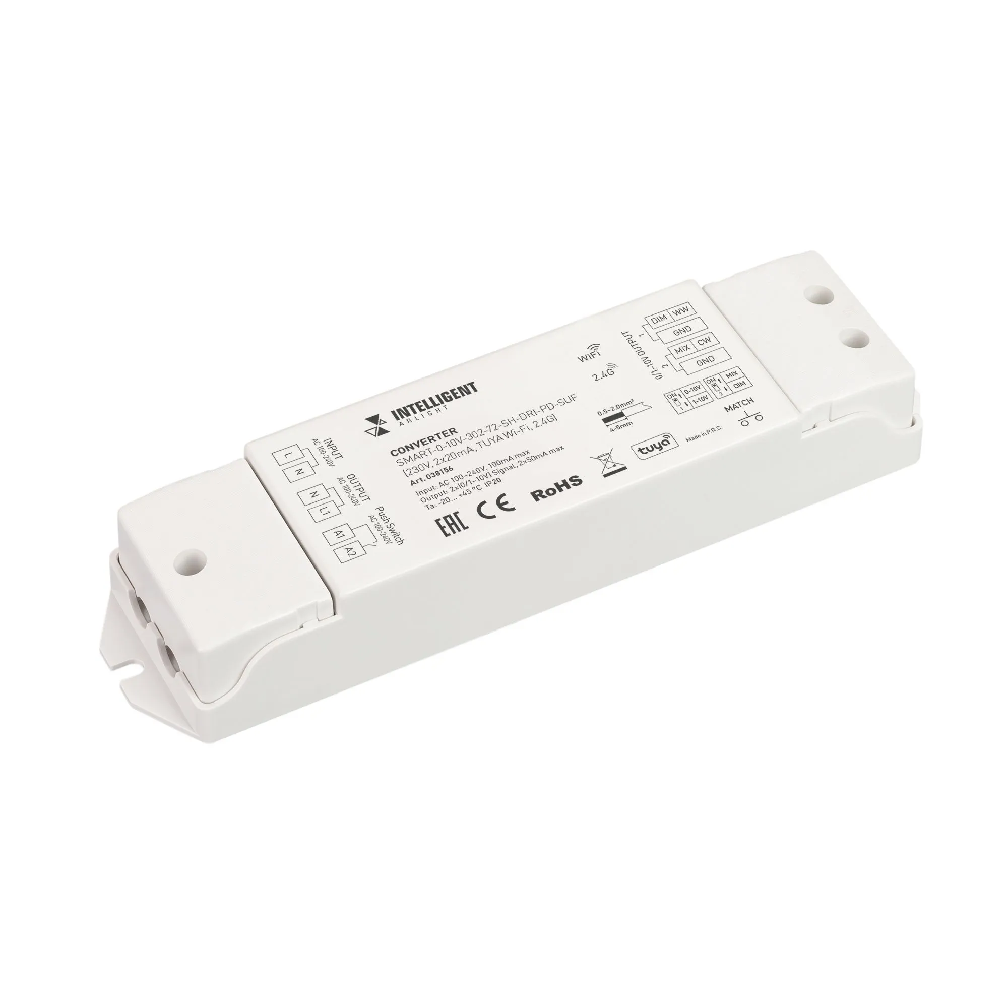 INTELLIGENT ARLIGHT Конвертер SMART-0-10V-302-72-SH-DRI-PD-SUF (230V,  2x20mA, TUYA Wi-Fi, 2.4G) (IARL, IP20 Пластик, 5 лет) купить, цена за Штука